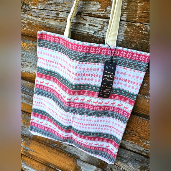 Violet Ray NYC Canvas Tote Christmas Bag w/ Festive Snowflake & Reindeer Details - Picture 7 of 11